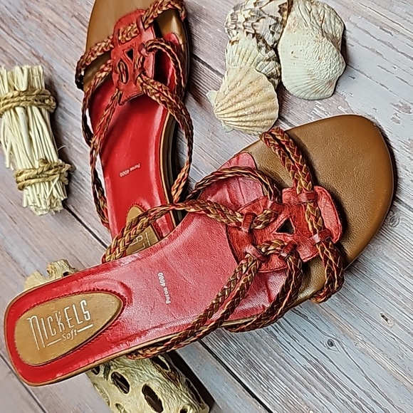 NICKLES RED AND BROWN BRAIDED LEATHER SANDALS - Picture 2 of 13